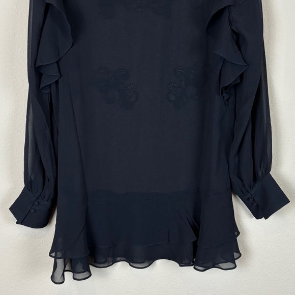 WHBM Black Sheer Long Sleeve Tunic Blouse with Floral Appliqué/Ruffle Accent NWT - Picture 8 of 13